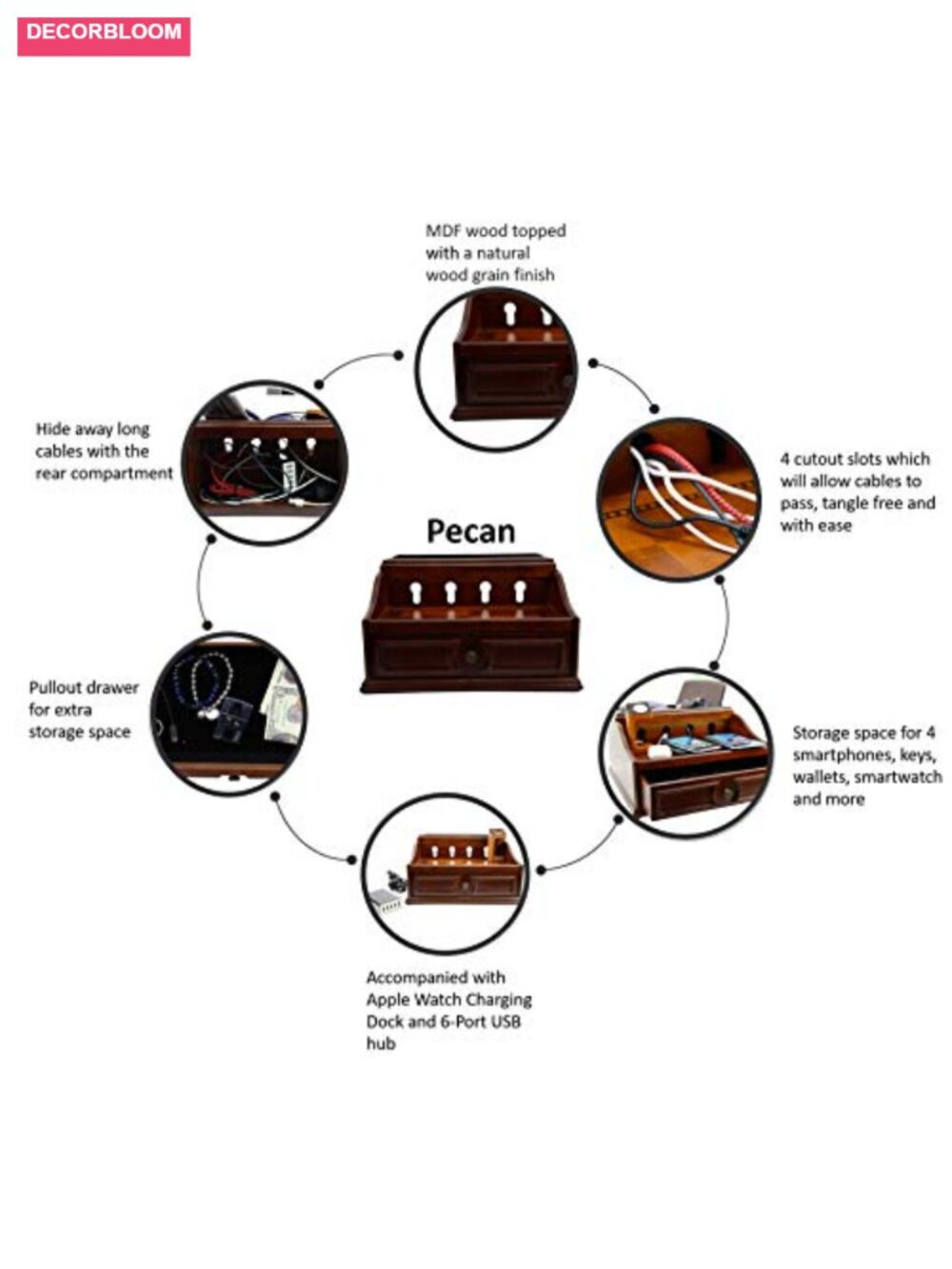 Wooden Multi-Device Charging Station and Valet with Drawer - Picture 4 of 6